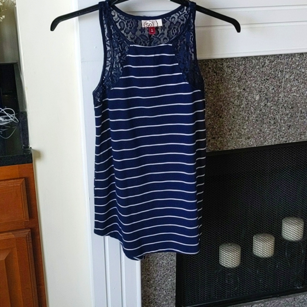 So, Small, navy, white striped, lace sleeve tank